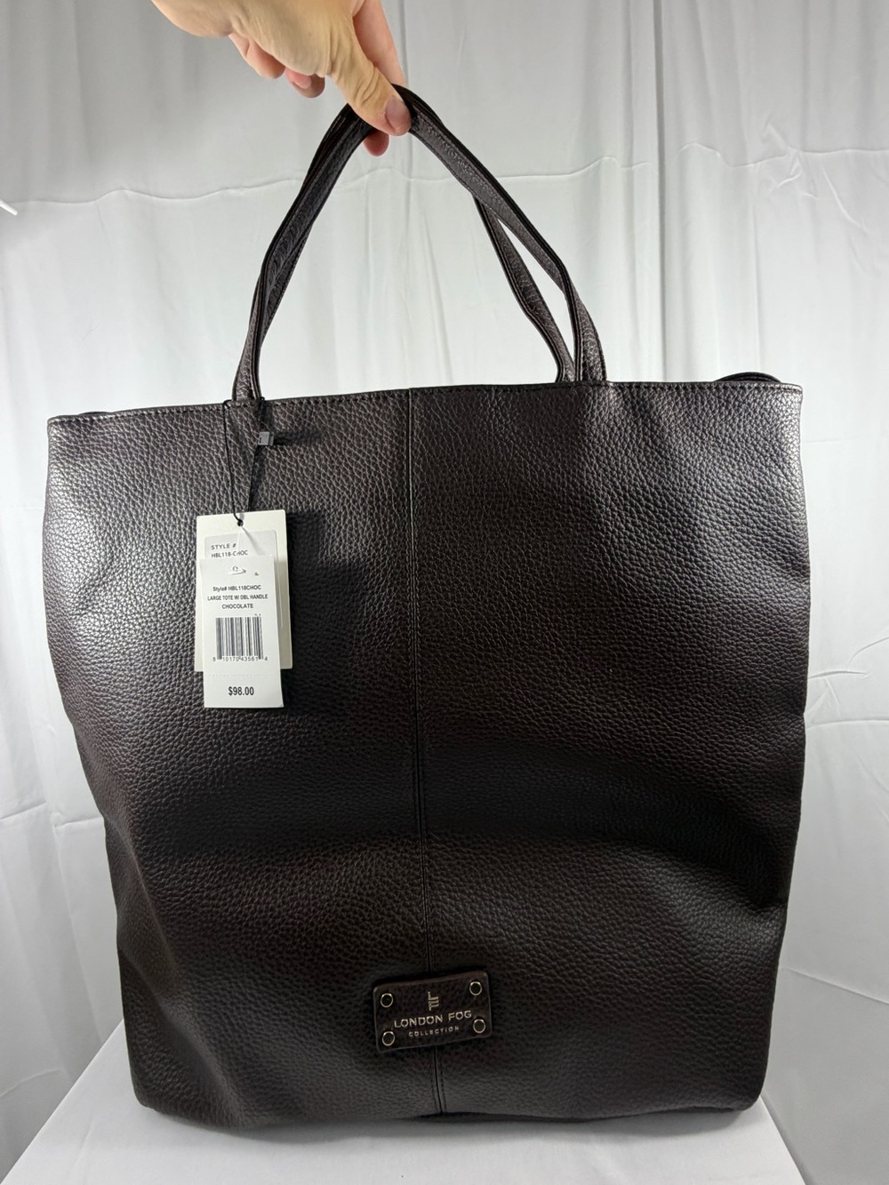 NWT London Fog Chocolate Brown Leather Tote Bag with Double Handle